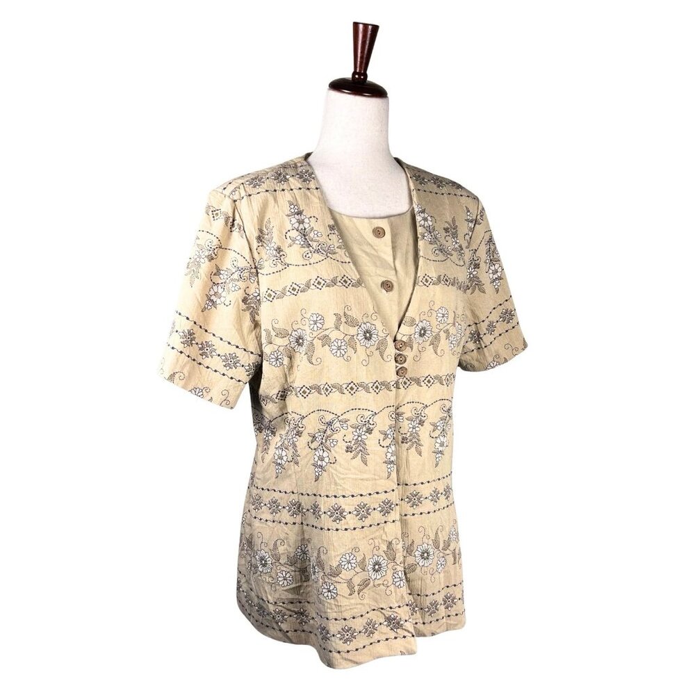 Alfred Dunner Floral Button Blouse Sz 12 Beige Boho Cottagecore Minimalist Top